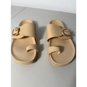Marion Parke Nude Leather Buckle Toe Loop Slide Sandals Beige Gold Buckle Sz 8.5